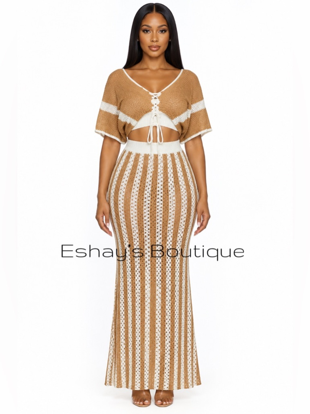Tan & White Crochet Two-Piece Maxi Skirt Set